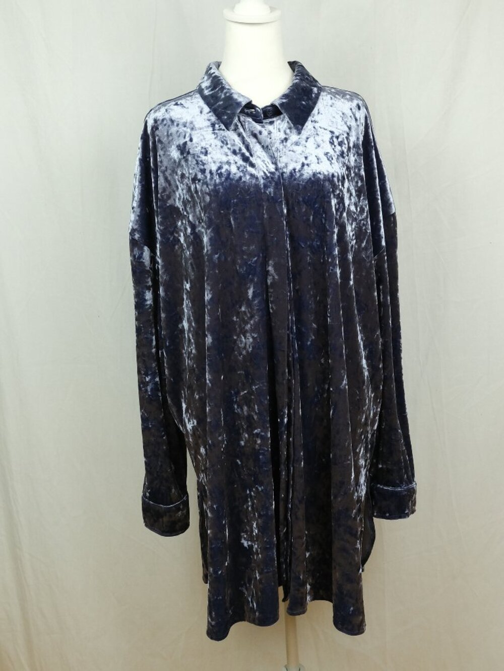 NWT Nina Parker Crushed Velvet Button-Front Tunic Shirt Navy Blue 3XL